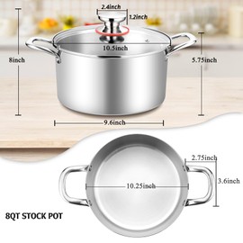TeamFar 8 Quart Stock Pot, Stainless Steel Tri-ply Stockpot Pasta Cooking Pot with Glass Lid, for Induction Electric Gas Ceramic Stoves, Toxic Free & Heavy Duty, Double Handles & Dishwasher Safe