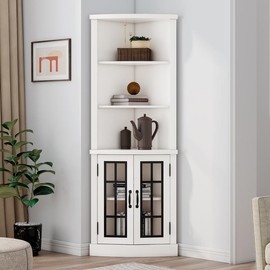 VanAcc Curved Corner Storage Cabinet, 65" Tall Freestanding Bookcase with Glass Doors & Adjustable Shelves, 5-Tier Corner Display Cabinet - Color: Espresso