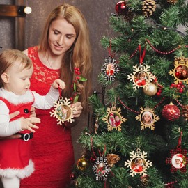 Jetec 12 Pieces Christmas Snowflake Hanging Photo Frames Snowflake Photo Ornaments Wood Buffalo Plaid Photo Ornaments Xmas Frame Christmas Tree Ornament for Christmas Anniversary Decorations