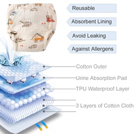 Orinery Unisex Training Underwear Cotton Toddler Boys Underpants Potty Training Panties Waterproof Girls Pee Panties 6-Pack (KA889-C, 2-3T)