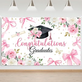 Mocsicka Pink Bow Graduate Backdrop Banner Coquette Graduation Decorations Coquette Theme Class of 2026 Graduation Party Banner Photo Props