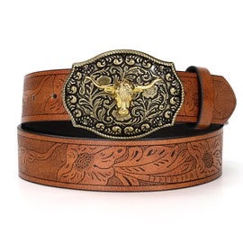 TRIWORKS Western PU Leather Belt for Men and Women Cowboy Cowgirl Belt Western Embossed Leather Belt