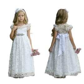DZdress Girls Toddler Communion Full-Length Off-White Kids Lace Wedding Party Princess Flower Girl Dresses Sleeves with Belt (as1, Age, 14_Years)