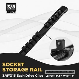EGOFIX Socket Organizer, 3/8-Inch Drive Heavy Duty Socket Holder Kit ABS, Socket Rail 3/8-Inch x 15 Clips Black