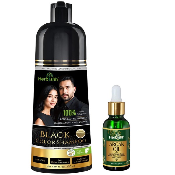 Herbishh Black Hair Dye Shampoo 200ml + Argan Oil 30ml