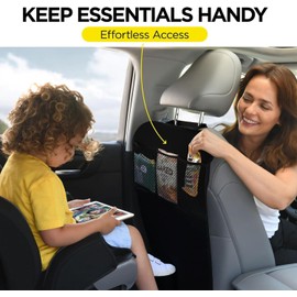 Car Seat Back Protectors with 3 Mesh Pockets 2-Pack | Back Seat Cover & Back Seat Organiser for Dust & Dirt Protection（Black）