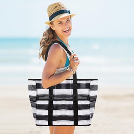 KUAK Mesh Beach Bag, Large Lightweight Mesh Tote Bags with Top Zipper, Inner Waterproof Pocket for Women Family Vacation Pool