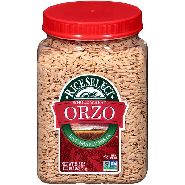 RiceSelect Whole Wheat Orzo Rice-Shaped Pasta, Non-GMO, Vegan, 26.5-Ounce Jars, 4-Count