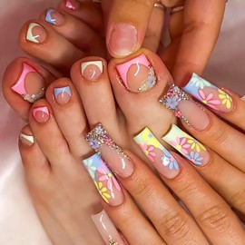 Pink Square Press on Nails Long & Press on Toenails Set Colorful Flowers Fake Nails Press ons Nail Art Tips Glue on Nails Full Cover False Toe Nails with Design Stick on Nails Acrylic Nail Kit