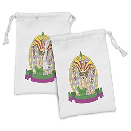 Ambesonne Mardi Gras Fabric Pouch Set of 2, Harlequin Lady Cartoon Style Circular Frame Checkered Pattern Ribbons, Small Drawstring Bag for Toiletries Masks and Favors, 9" x 6", Purple Yellow Green