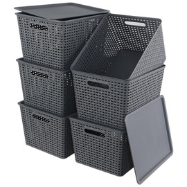 Tyminin 6 Pack Plastic Storage Bins with Lids, Stackable Storage Baskets with Handles, Large Organizer Bins for Desk, Shelves, Office, Plastic Container Bins for Pantry Organizers and Storage, Grey