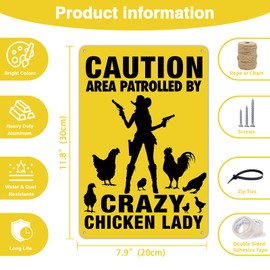 8" x 12" Aluminium Metal Sign Caution Area Patrolled by Crazy Chicken Lady, Funny No Trespassing, Yard Garage Farm Garden Wall Decor Sign Plaque Outdoor for Home Fence (109)