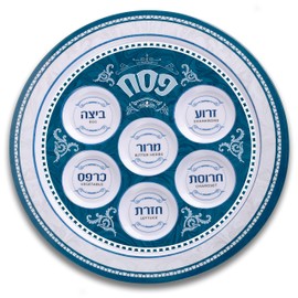 Ner Mitzvah Melamine 12" Passover Seder Plate - Blue and White Marble Design