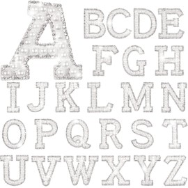 26 Piece Rhinestone Iron On Patch A-Z White Pearl Bling Rhinestone Letter Patch Glitter Alphabet Applique Rhinestone Pearl English Letter for DIY Craft Supplies (Solid White)