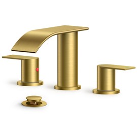 FORIOUS Brushed Gold Bathroom Faucets, Waterfall Gold Bathroom Faucets 3 Hole, 8 Inch Widespread Bathroom Sink Faucet with Pop-up Drain, 2 Handle Faucet for 6''-12'' Bathroom Sink Vanity