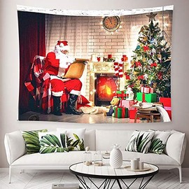 Jorisa Christmas Tapestry, Santa Claus Fireplace, Christmas Tree Background, Fabric Wall Hanging, Wall Towel for Living Room, Bedroom, Dorm, Party Background, 200 x 150 cm