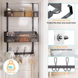Upesitom Over Door Hook Organizer 12 Hook Over The Door Organizer with 2 Mesh Baskets - Back of Door Storage Towel Rack Space Saving Storage Organizer for Bedroom, Bathroom, Kitchen, Pantry, Black