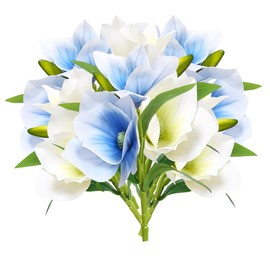 cosybeau Magnolia Flowers Artificial Stems, Short Branch with Soft Plastic Petals 2-Head Flower Realistic for Wedding Bouquet Home,Hotel Decor (6, 3white+3blue)