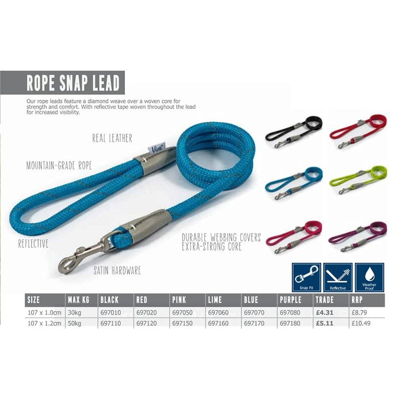Ancol Viva Reflective Rope and Real Leather Snap Lead 107