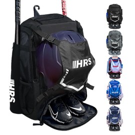 Hit Run Steal Black Baseball Bag, Softball Bat Bag for Youth & Adult. Holds 4 Bats, Glove, Water Bottle, Shoe Compartment, Helmet, Fence Hook for Equipment & Gear