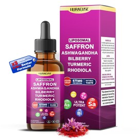 NURAFUSE Liposomal Saffron, Ashwagandha, Bilberry, Turmeric, Rhodiola Liquid Drops – 1000mg per Serving, Ultra Potent, Natural Taste – 2 FL OZ (60ml)