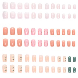 6 Packs (144 Pcs) Medium Press on Nails Square Fake Nails Gold Foil Glitter False Nails Design Short Glossy Nude Glue on Nails Set Stick on Nails for Women and Girls