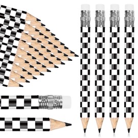 FYSUIMU 50Pcs Checkered Racing Car Half Gold Pencils with Eraser Racing Flag Pre Sharpened Short Writing Pencil for School Office Stationery Supplies, 4 Inch