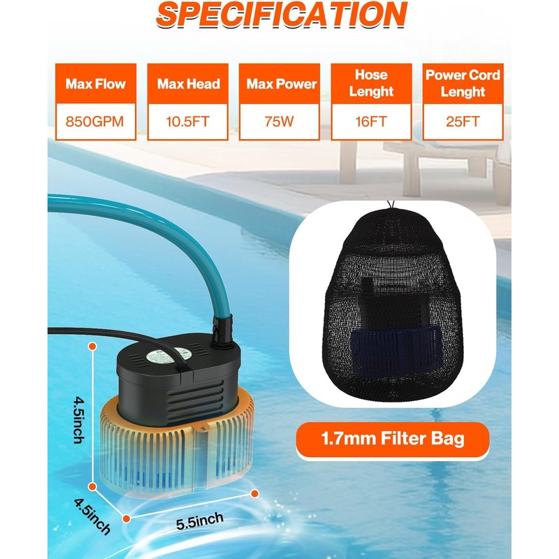 Pool Cover Pump above Ground - Submersible Water Sump Pump