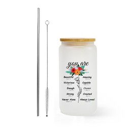 AGH Christian Gift for Women, 16oz Glass Tumbler with Lid and Straw- Inspirational Religious Gift with Prayer Quotes, Iced Coffee Cup for Birthdays, Baptism, Christmas, or Daily Encouragement