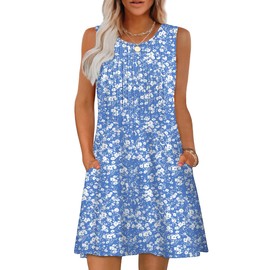 OFEEFAN Summer Dresses for Women 2025 Casual Boho Sundresses Beach Vacation Clothes Essentials Pleated Flowy Hawaiian Graduation Dress Cruise Outfits Fahion Blue Floral L