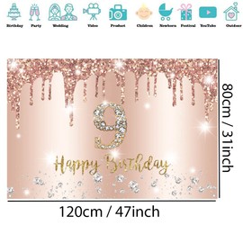 9th Birthday Decoration Girl Ninth Birthday Banner Rose Gold, Happy 9 Birthday Fabric Sign Poster, 9th Birthday Background Banner Girl Birthday Party Decoration