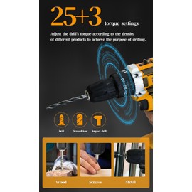 Cordless Drill Power Drill High-Performance Large-Capacity Lithium Battery，25+3 Adjustable Torque Electric Drill YELLOW