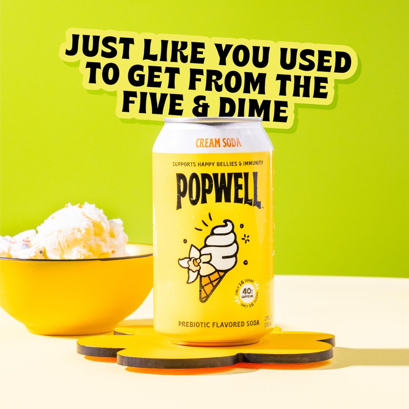 Popwell Cream Soda Caffeinated Better-For-You Prebiotic Soda, with 6g Fiber,