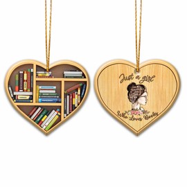 WODORO Book Lovers Heart Shaped Bookcase Christmas Wooden Ornament 2D Flat (Not 3D Ornament), Reading Christmas Ornament Tree Decor, Gifts for Reading Lovers Bookworm Librarian, Car Accessories (01)