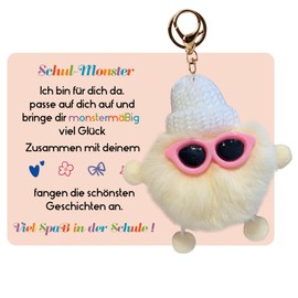 Geschenk Einschulung Schul Monster Plüsch, Einschulung Schlüsselanhänger, Glücksbringer Schule, Mutmacher Anhänger Mäppchen oder Ranzen (weiß)
