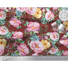 Soimoi Red Poly Crepe Fabric Leaves & Floral Fabric Prints by Yard 42 Inch Wide