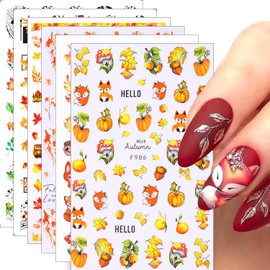 6 Sheets Fall Nail Art Stickers Decals Maple Leaf Nail Stickers 3D Self-Adhesive Autumn Nail Decals Maple Leaves Nut Pumpkin Squirrel Designs Thanksgiving Nail Supplies for Women DIY Manicure Decorate
