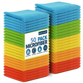 Puomue Microfiber Cleaning Cloth, 50 Pack Cleaning Rags with 5 Color Assorted, Absorbent and Lint Free Cleaning Cloth for Window, Household and Kitchen, 11.5"X11.5", (Blue/Yellow/Green/Orange/Red)