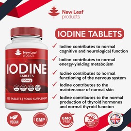 Iodine Tablets 150mcg 365 (1 Year Supply) Vegan High Strength Tablets Iodine Supplements, Natural Source of Iodine from Potassium Iodide GMO Free, GMP, Made in UK by New Leaf