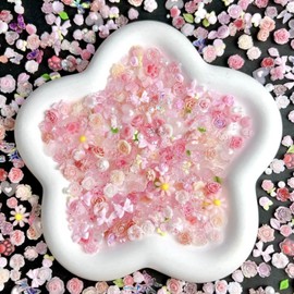 50PCS Spring Flowers Nail Charms 3D Rose Flower Nail Art Charms with Nail Pearls Cat Claw Butterfly Bow Bunny Nail Jewelry Supplies Mixed Styles Resin Summer for Women Manicure DIY Nail Decoration
