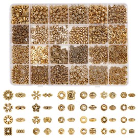 PH PandaHall Pack of 1200 Antique Golden Spacer Beads, 24 Styles, Tibetan Flowers, Square, Snowflakes, Rondelle Beads, Alloy Spacer Beads, Loose Beads for Bracelets, Jewellery Making