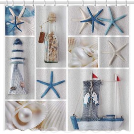 MEHOFOND 72x72 inch Summer Nautical Shower Curtain Set Marine Starfish Sail Boat Beach Shell Sea Waterproof Shower Curtain with 12 Hooks Bathroom Decoration