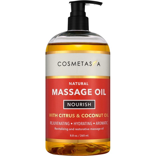 Natural Nourishing Citrus & Coconut Massage Oil- Smooth Glide, Non Greasy Therapeutic Massage Oils with Rejuvenating, Hydrating & Aromatic Essential Oils for Dry Skin, Soothes Muscle & Joints 8.8 oz