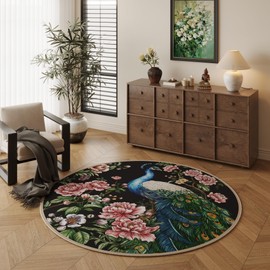Vowkten Round Rug 4ft Washable Circle Rug Non Slip Low Pile Floral Peacock Animal Small Circular Rug for Bedroom, Bathroom, Entryway, Kids Room, Office, College Dorm (Black)