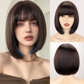 Meet Naive Short Bob Wigs With Bangs - 10 Inch Light Brown Yaki Straight Hair Daily Costume Wig For Black Women, Soft Light Synthetic Hair Replacement Wigs Heat Resistant