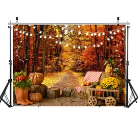 LYCGS 7X5FT Autumn Scenery Deciduous Backdrop Thanksgiving Background Pumpkin Harvest Hay Background Tree and Yellow Fall Leaves Backdrop Studio Props X-55