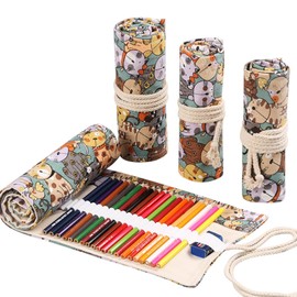 DIYOMR Funda enrollable de 24/36/72 ranuras para lápices de colores, estuche para artista, pinceles cortos, dibujo y bocetos, SIN LÁPICES (Gatito, 24 ranuras)