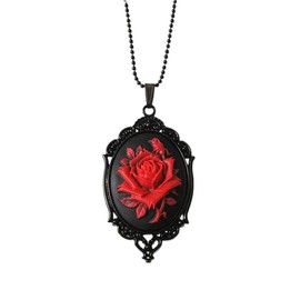 Niaspi Carved Rose Flower Cameo Pendant Necklace for Women Vintage Gothic Black Victorian Antique Beaded Chain Neckalces Boho Embossed 3D Floral Mystic Statement Jewelry (Red)