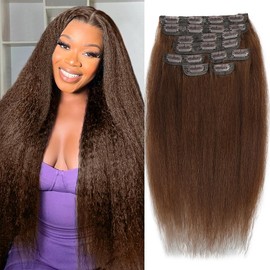 18 Inch Brown Kinky Straight Clip in Hair Extensions Real Human Hair for Black Women Yaki Straight Clip ins unprocessed Brazilian Remy Human Hair Extensions Yaki clip ins hari extensions double weft