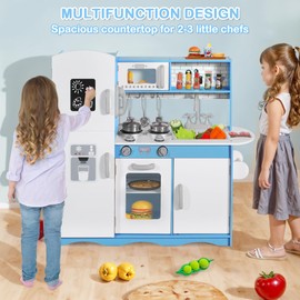TODEFULL Wooden Kids Kitchen Playset, Modern Wooden Play Kitchen Sets w/Lighted Stove, Oven, Microwave & Ice Maker, Little Chef Pretend Play Kitchen for Girls and Boys (Blue)